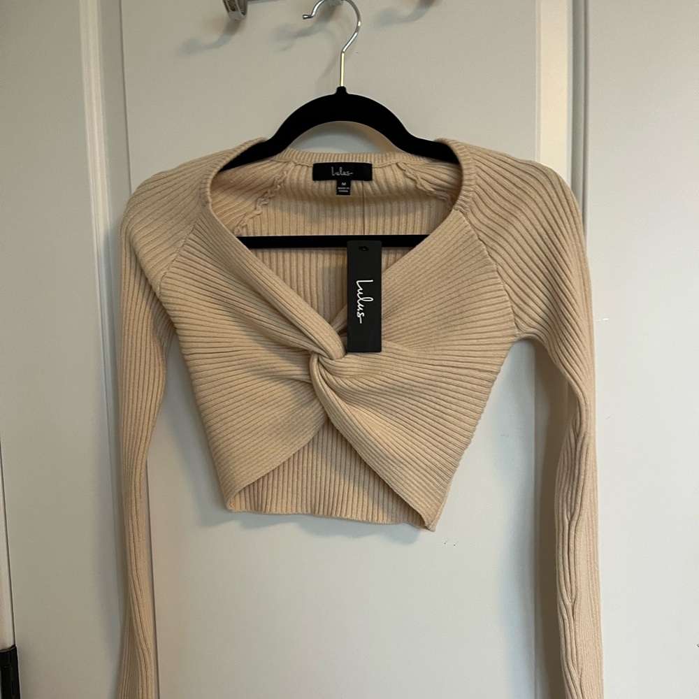 Lulus In A Twist Beige Knot-front Cropped Sweater - Size M - Picture 2 of 6